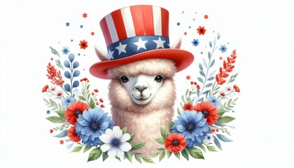 Fototapeta premium Alpaca 4th July Watercolor Memorial Day Clip Art Animal Patriotic with American Flag Celebration USA (United State) Art Cute Cartoon For Independence Day