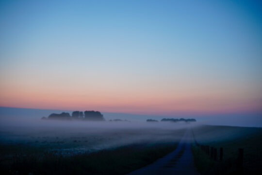 Der kleine Weg durch die nebelige Deichlandschaft in der Gemeinde Hude