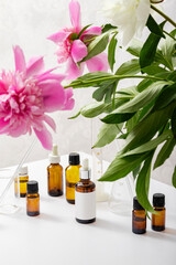 Vertical image of glass bottles of aroma oils and fresh peony flowers on white desk. Laboratory and perfume, cosmetic oils production