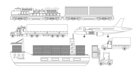 Cargo Transportation Vehicles Black And White Vector Icons Set. Plane, Freight Train, Shipping Container, Delivery Truck