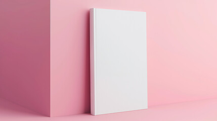 A mockup of an upright white book with a plain cover, placed on a pink background. The book is positioned on the right side and has no visible text or graphics on its front cover.