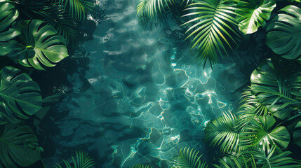 Tropical green leaves overhanging serene water with sunlight filtering through, creating an ethereal, shimmering effect on the surface. A tranquil natural scene.