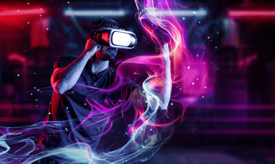 Man wearing VR glass and smashing or punching at camera in neon boxing arena. Sport gamer boxing...
