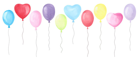 A set of watercolor multicolored inflatable balloons isolated on a white background, hand-drawn. A decorative element for a holiday, design, decoration, congratulations. Flying children's balloons.