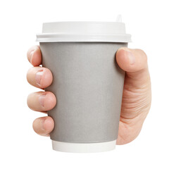 Disposable coffee cup in male hand, cut out