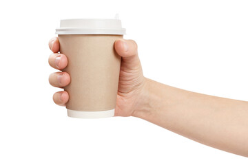 Disposable coffee cup in male hand, cut out