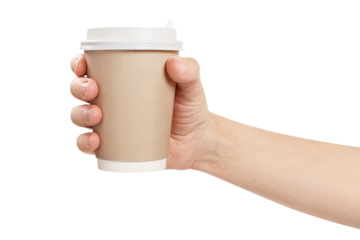 Disposable coffee cup in male hand, cut out