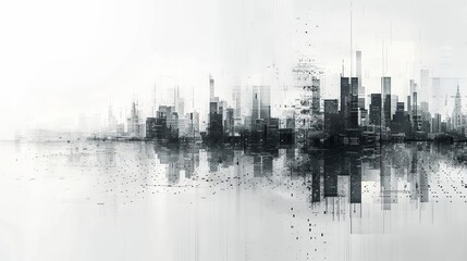 Naklejka premium A black and white cityscape with a painterly style. The city is reflected in the water below.