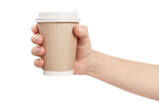 Disposable coffee cup in male hand, cut out