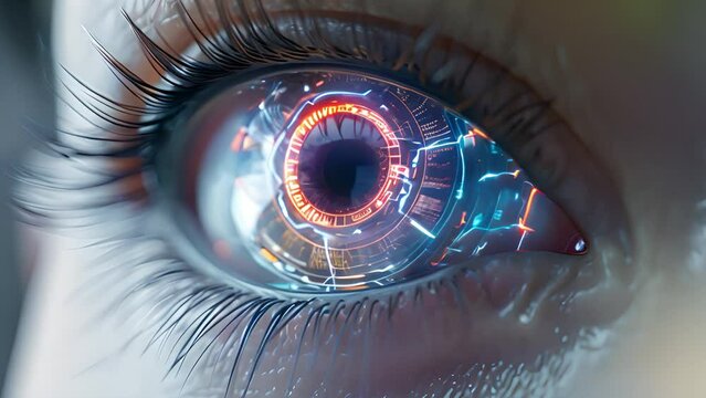 Detailed view of an eye with high-tech lens attached, showcasing futuristic technology and advanced optics.