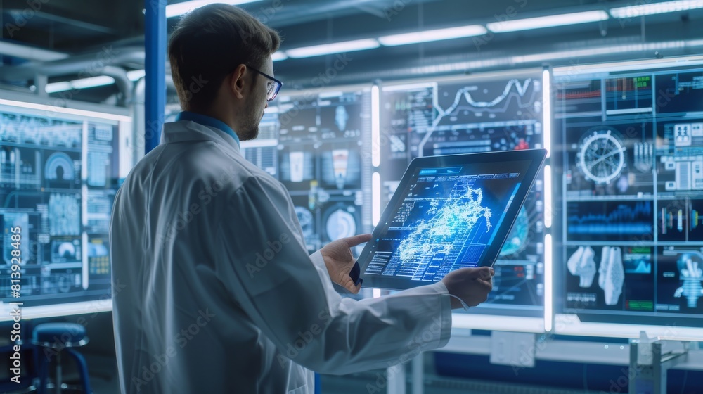 Poster the engineer is using a digital tablet computer with augmented reality software to analyze the conte