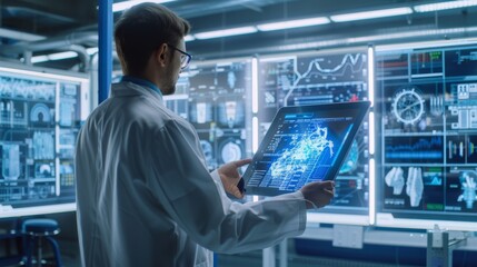 The engineer is using a digital tablet computer with Augmented Reality software to analyze the content. The facility has large screens showing industrial design in a high-tech development lab.