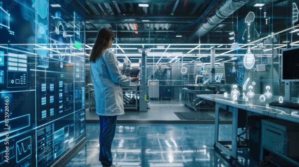 Poster engineer analyzes content using augmented reality software on a tablet computer in a modern industri