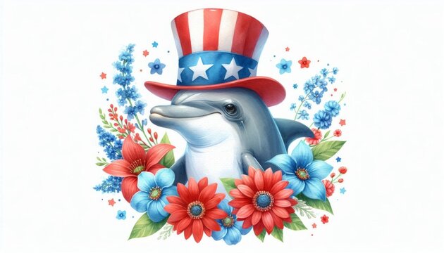 recommend clip art: Dolphin 4th July Watercolor Celebration USA (United State) Art Cute Cartoon For Independence Day Animal Patriotic with American Flag Memorial Day Clip Art