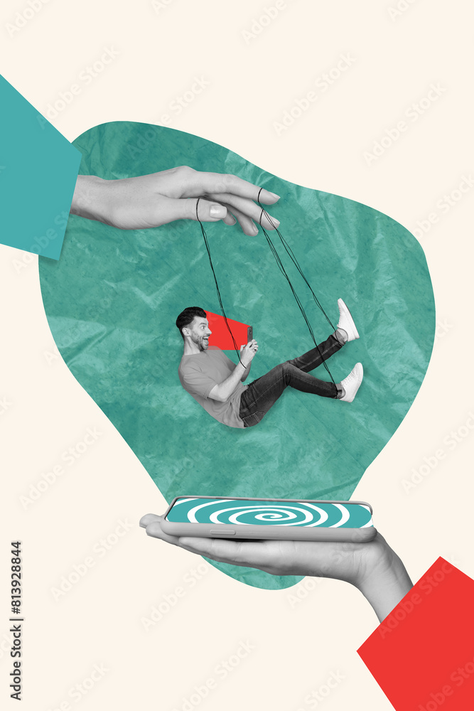 Poster creative abstract template collage of puppet strings propaganda fake news hypnosis device sceen frea