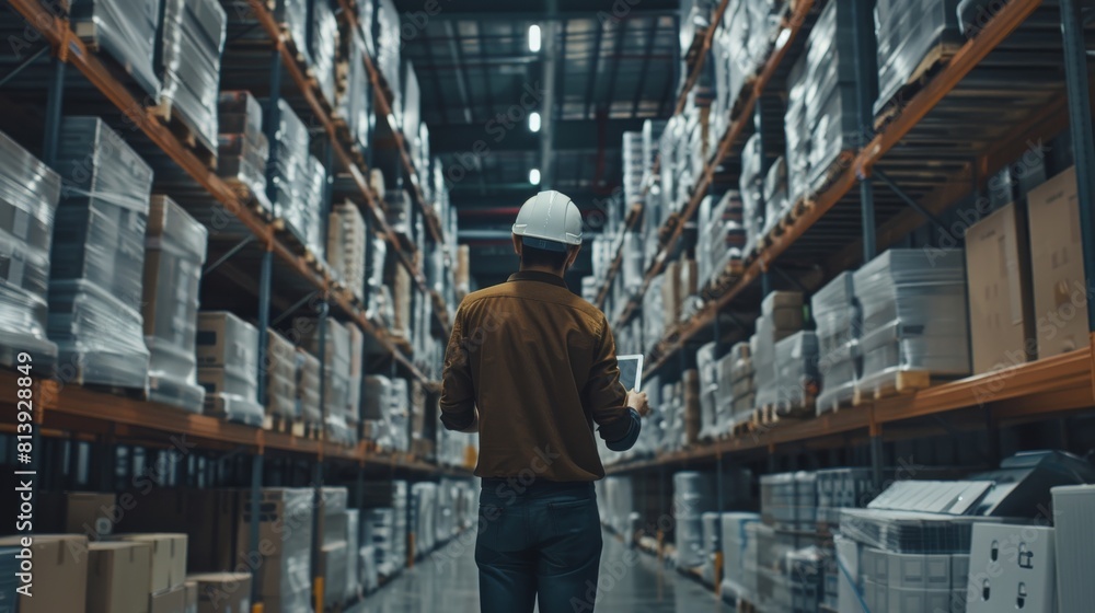 Poster hardhat wearing professional worker inspects stock and inventory with digital tablet computer in the