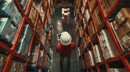 Worker wearing hard hat checks stocks and inventory using tablet computer in warehouse full of goods. Working in logistics or distribution.