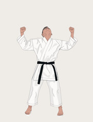 Young karateka raises his hands up sign of victory. Courage and sport concept. Vector cartoon isolated character