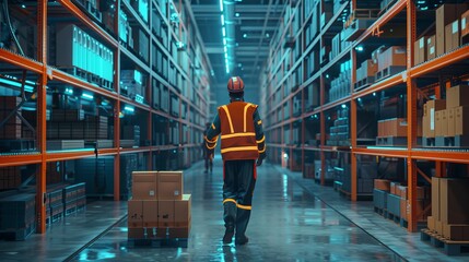 In a high-tech futuristic warehouse, a manager scans packages for inventory, while delivery is underway. In the background, a worker wears an advanced exoskeleton full of power as he walks with a