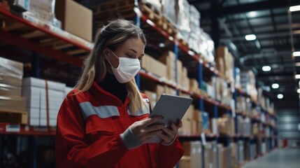 Fototapeta premium Inventory manager wearing face mask, using tablet computer, checking cardboard boxes. Delivery distribution center with products ready for shipment.