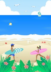 여름 시원한 파란 배경 벡터 일러스트 (물놀이, 바다, 수영장, 물놀이 용품, 튜부, 야자수, 해변 등)