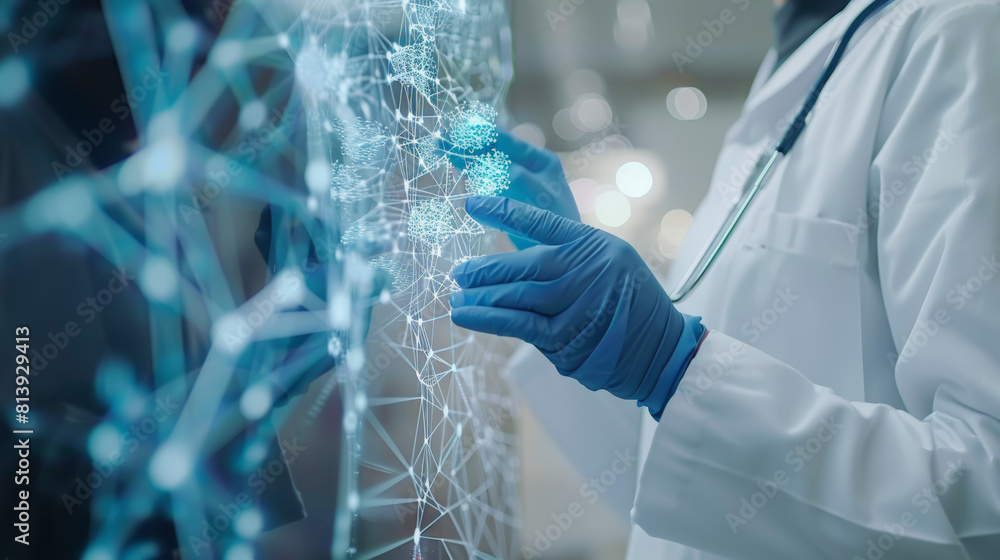 Poster scientist in lab coat and gloves interacting with a holographic display of molecular structures, sym