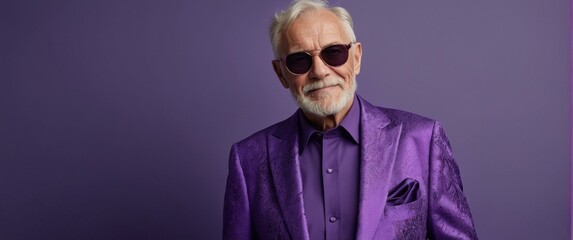 Obraz premium Gray-haired elderly man in stylish club clothes on a violet background.