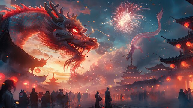 Design an illustration depicting Chinese New Year festivities with vibrant decorations dragon dances fireworks and family reunions marking the beginning of the lunar calendar's new year.