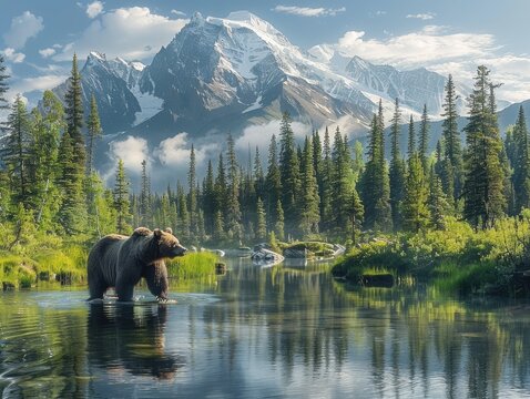 Beautiful landscape with a big brown bear walking in a river on the background of the mountains in the snow and forest