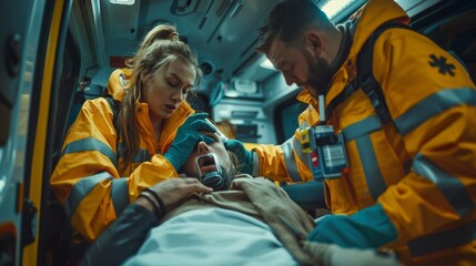 An EMS paramedic and an emergency care assistant put on non-invasive ventilator masks while transporting an injured patient to a hospital.