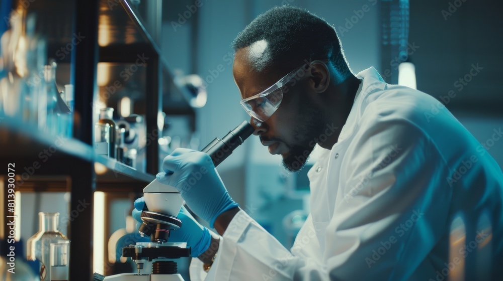 Sticker Photograph of a black scientist looking under a microscope and analyzing a Petri dish sample. Professionals conducting research in an advanced scientific laboratory. Side view.