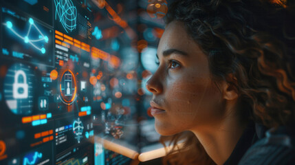 A woman analyzing futuristic holographic data interfaces, reflecting digital graphs and security symbols in a high-tech monitoring or control room environment.
