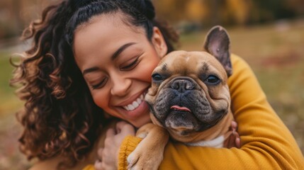 Woman in yellow sweater embracing brown French Bulldog in autumn park. Casual outdoor portrait with natural background.