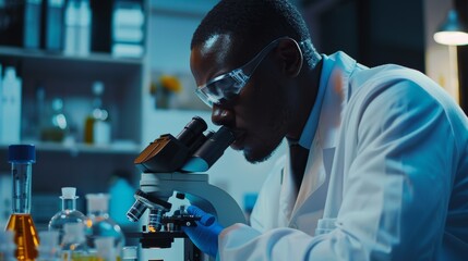 Medico-Development Laboratories: Black Male Scientist Analyzing Petri Dish Sample Under Microscope in Advanced Scientific Lab. Side View Shot.