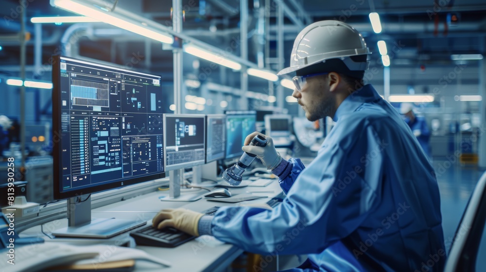 Poster professional engineer in sterile coverall worked on desktop computer, developing new electronics for