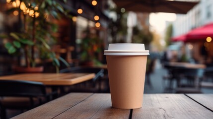 
Coffee cup paper with white lid blank mockup on wooden table in coffee shop, stock photo blurred background with copy space