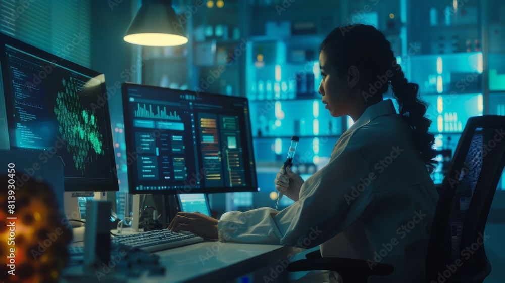 Poster molecular biology lab with multi-ethnic team of biotechnology scientists developing drugs, microbiol