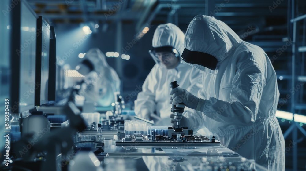 Poster an engineer and scientist work in a clean room working on computers, inspecting microprocessors on m