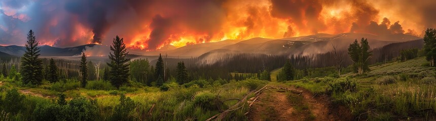 Obraz premium panoramic photo of an epic forest fire in the Great Valley, colorado at sunset