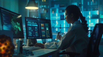 Molecular Biology Lab with Multi-Ethnic Team of Biotechnology Scientists Developing Drugs, Microbiologist Working on Computer with Gene Editing Interface Display.