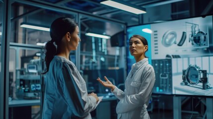 Obraz premium An engineer talks to the project manager while watching an interactive digital whiteboard TV that shows an environmentally friendly engine in 3D. At the factory, machines are running. Confident