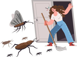 Insects and pests attack woman trying to enter apartment after thorough cleaning or disinfection