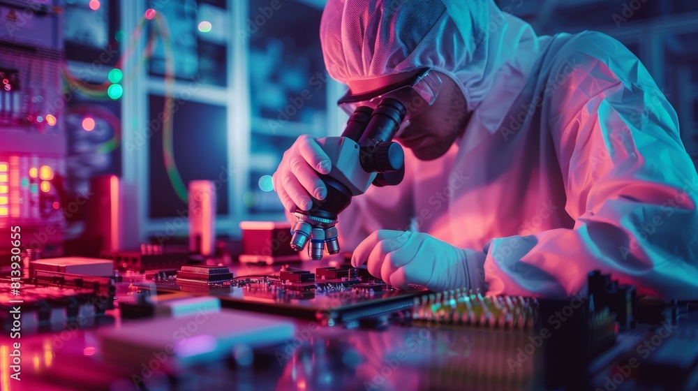Poster in a modern electronics manufacturing factory, an engineer wears a coverall and gloves and uses a mi