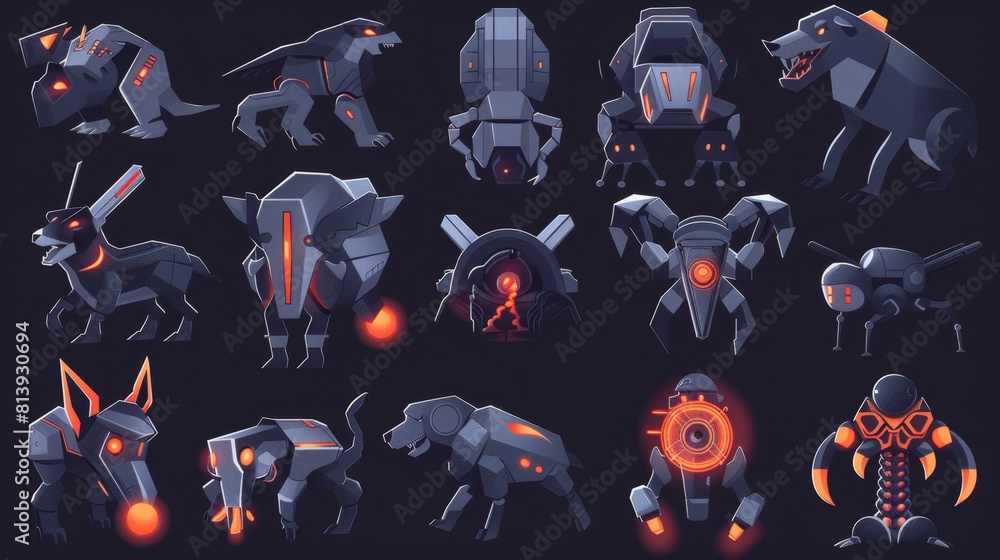 Aufkleber a set of cartoon predator machines, which include robot animals, robotics mechanical monsters: hare,