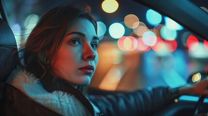 Portrait of a beautiful young woman driving a car on an evening city street, a close up photo with bokeh lights and empty space in the background. Shot on a Canon EOS R5 at F2 and ISO300, in the style