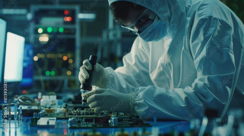 Poster a researcher in a cleanroom inspects a microprocessor component with a microscope while wearing a co