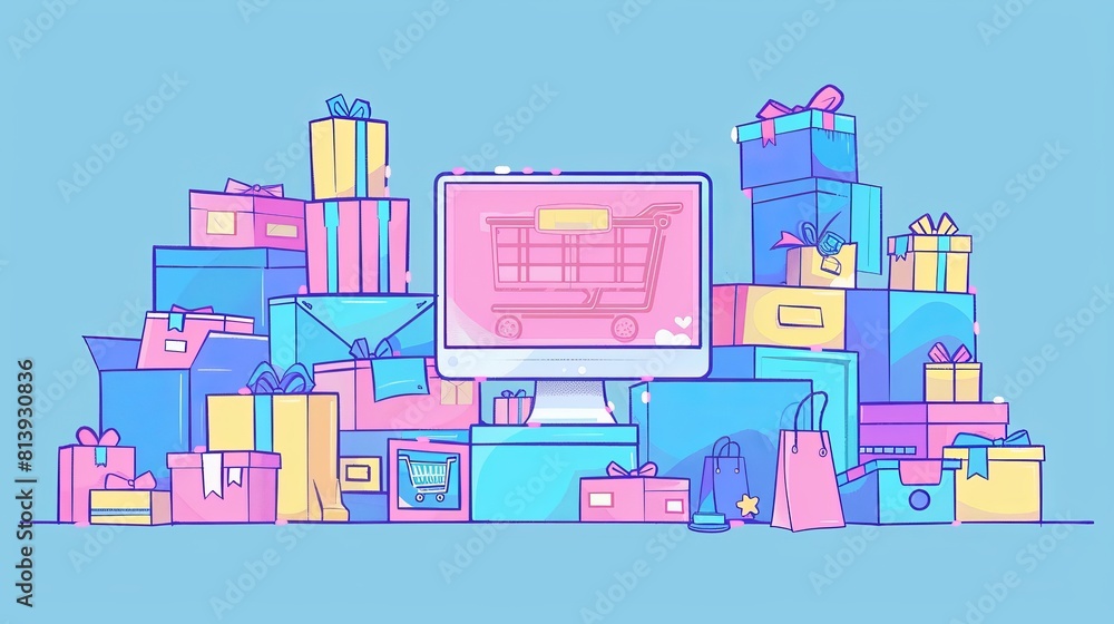 Poster animated shopping landing page. internet sale in shop via digital platforms and desktop and mobile. 