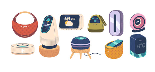 Variety Of Modern Smart Speakers Featuring Unique Designs And Colors, Display Time, Weather And Music Control