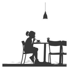Silhouette little girl sitting at a table in the cafe black color only