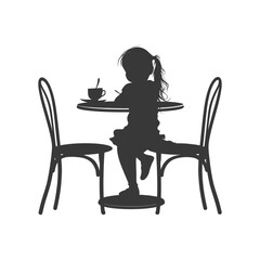 Silhouette little girl sitting at a table in the cafe black color only